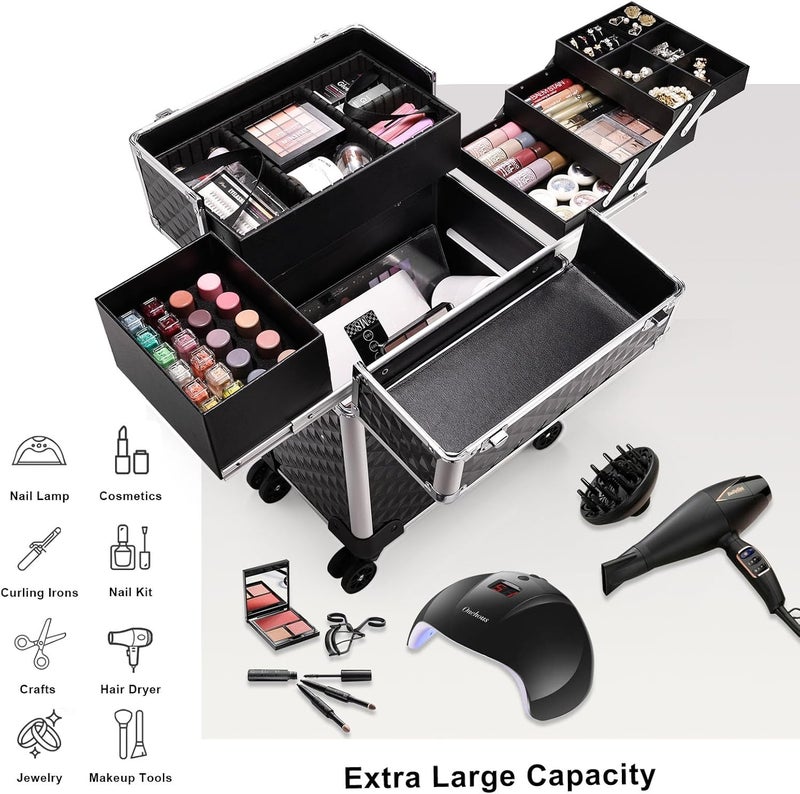 Stagiant Rolling Makeup Train Case Large Storage Cosmetic Trolley 4 Tray with Sliding Rail Removable Middle Layer with Key Swivel Wheels Salon Barber Case Traveling Cart Trunk - Image 2