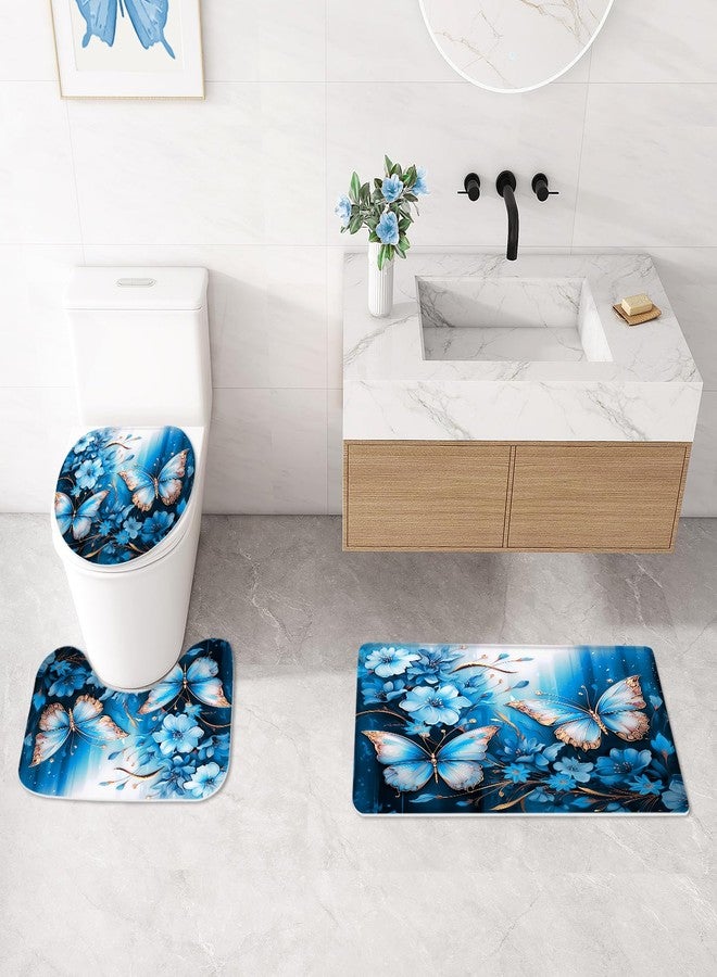 Litabel 4 Pcs Blue Floral Butterfly Shower Curtain Set with Non-Slip Rugs, Modern Chic Toilet Lid Cover and Bath Mat, Elegant Bathroom Decor Set with Shower Curtain and Rugs(Hooks Not Included) - Image 4