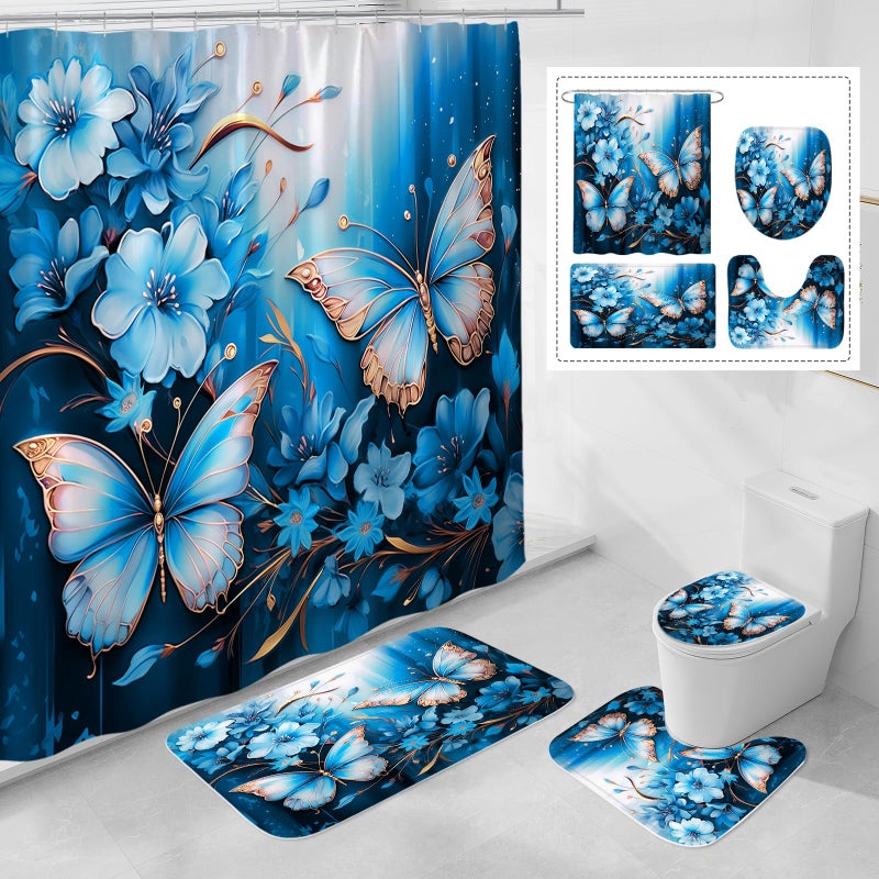 Litabel 4 Pcs Blue Floral Butterfly Shower Curtain Set with Non-Slip Rugs, Modern Chic Toilet Lid Cover and Bath Mat, Elegant Bathroom Decor Set with Shower Curtain and Rugs(Hooks Not Included) - Image 1