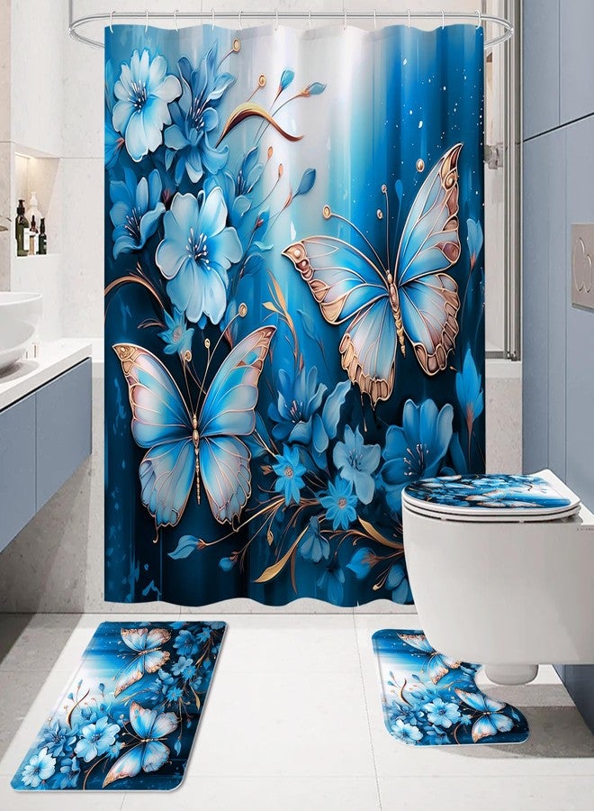 Litabel 4 Pcs Blue Floral Butterfly Shower Curtain Set with Non-Slip Rugs, Modern Chic Toilet Lid Cover and Bath Mat, Elegant Bathroom Decor Set with Shower Curtain and Rugs(Hooks Not Included) - Image 2