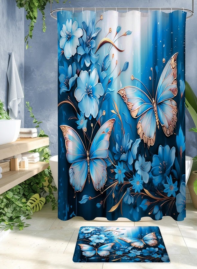 Litabel 4 Pcs Blue Floral Butterfly Shower Curtain Set with Non-Slip Rugs, Modern Chic Toilet Lid Cover and Bath Mat, Elegant Bathroom Decor Set with Shower Curtain and Rugs(Hooks Not Included) - Image 3