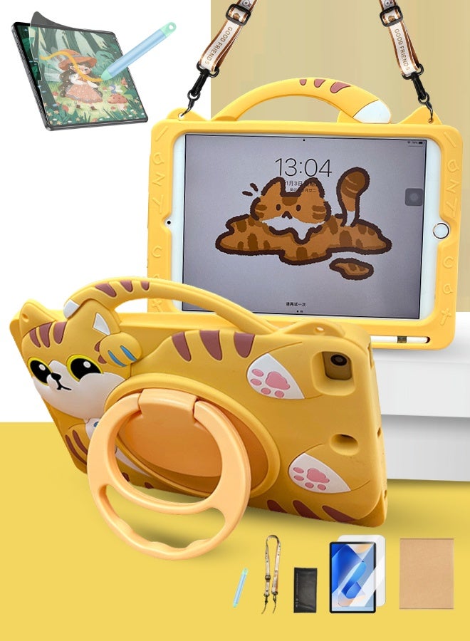 Samsung Tab A9 8.7 Inch Kids Tablet Case-Cat Style,  Galaxy Tab A9 Children'S Cover Bpa-Free Eva Foam With  Free School Bag Strap + Anti-Glare Screen Protector + Kids Stylus-Forest-3-In-1 Multi Grip (Handle/Stand/Pen Tray) & Anti-Drop And Sandstorm Proof - Orange Yellow - Image 1