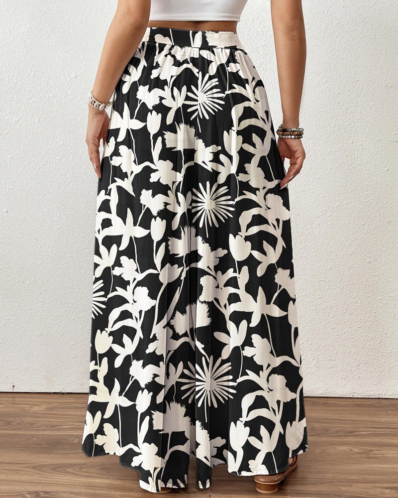 Bsubseach Wide Leg Pants Woman Flowy Floral Palazzo Pants for Women High Waisted Summer Casual Trousers Cruise Outfits Black Printed L - Image 5
