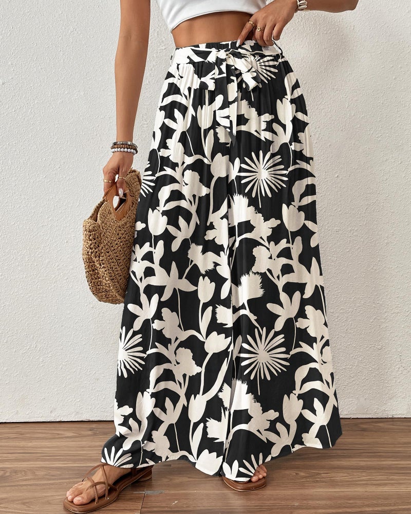 Bsubseach Wide Leg Pants Woman Flowy Floral Palazzo Pants for Women High Waisted Summer Casual Trousers Cruise Outfits Black Printed L - Image 3