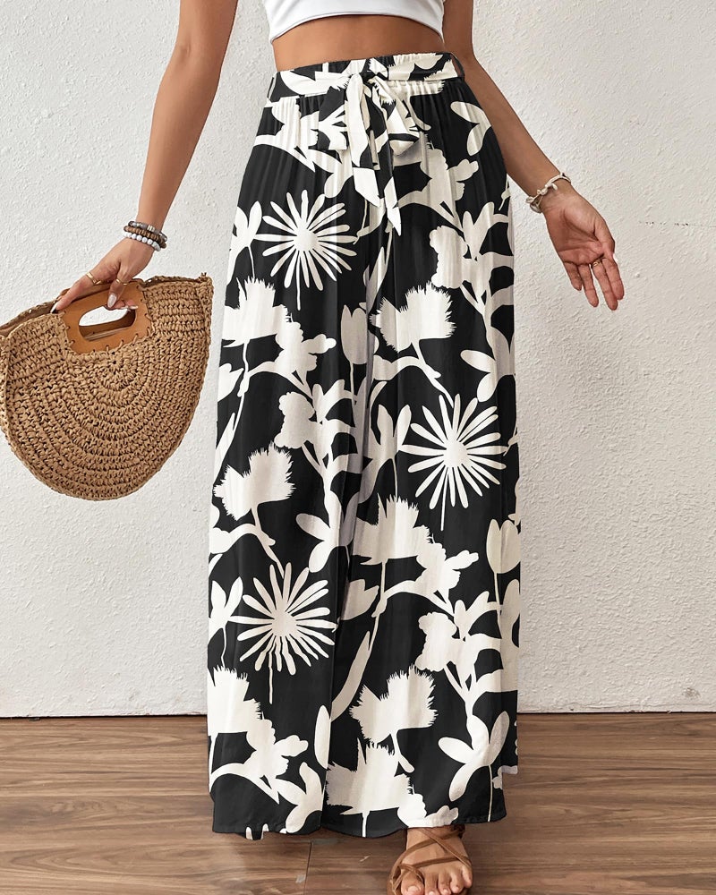 Bsubseach Wide Leg Pants Woman Flowy Floral Palazzo Pants for Women High Waisted Summer Casual Trousers Cruise Outfits Black Printed L - Image 2