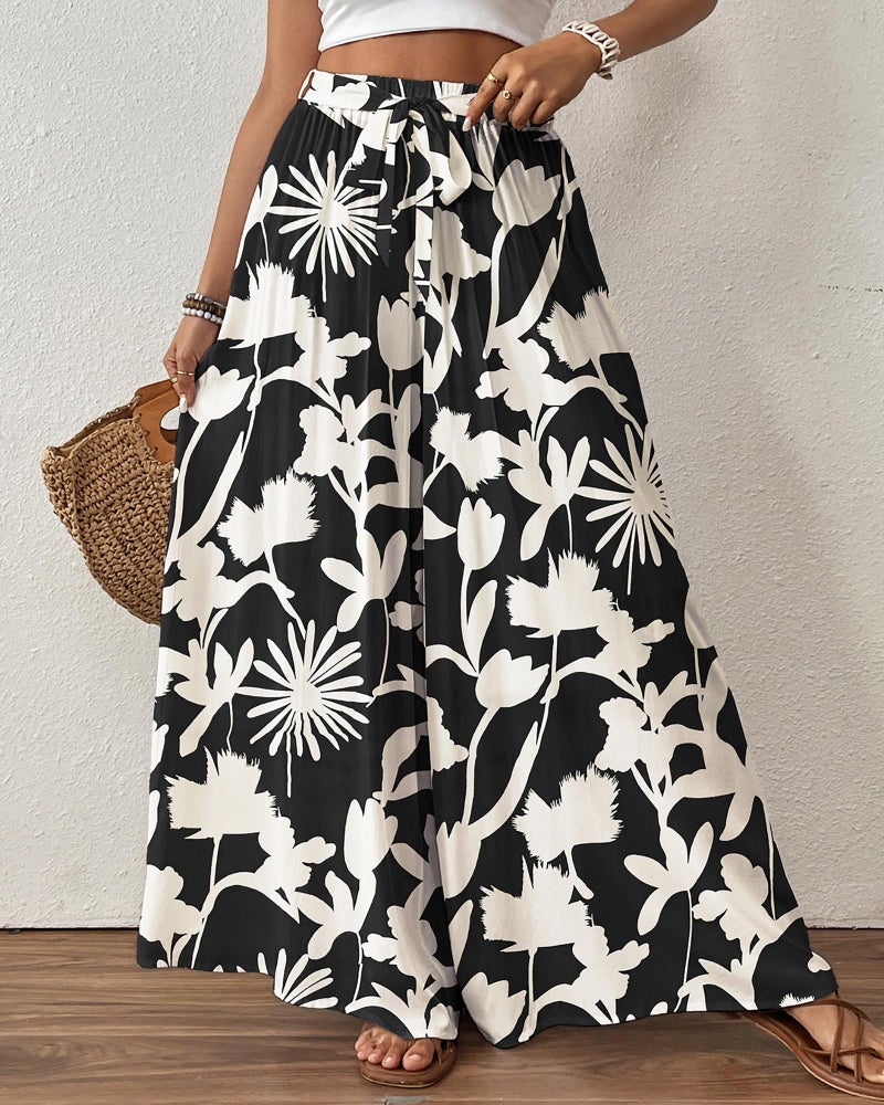 Bsubseach Wide Leg Pants Woman Flowy Floral Palazzo Pants for Women High Waisted Summer Casual Trousers Cruise Outfits Black Printed L - Image 4