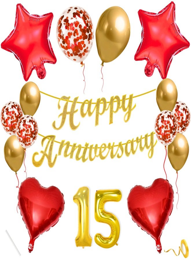 Flyloons 15th Happy Anniversary Decoration Kit Red Gold for Men Women Husband Wife With 10 Pcs Confetti Balloons Anniversary Banner 4 Pcs Star Heart Set Items - Image 1