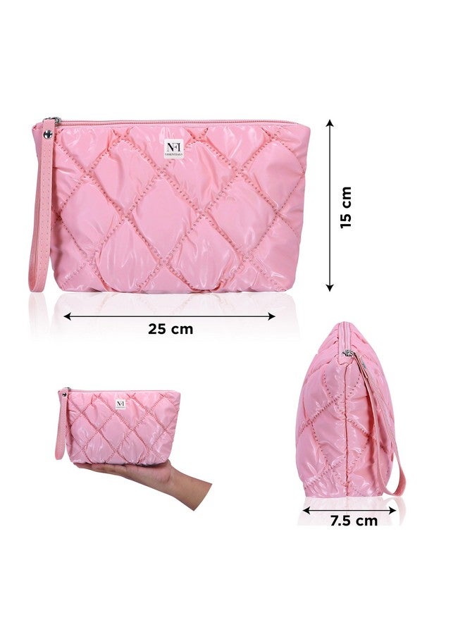 NFI essentials Multipurpose Quilted Cosmetic Pouch, Checkered Puffy Makeup Pouch for Women, Zipper Travel Bag, Portable Toiletry Organizer Bag with Handle - Image 4