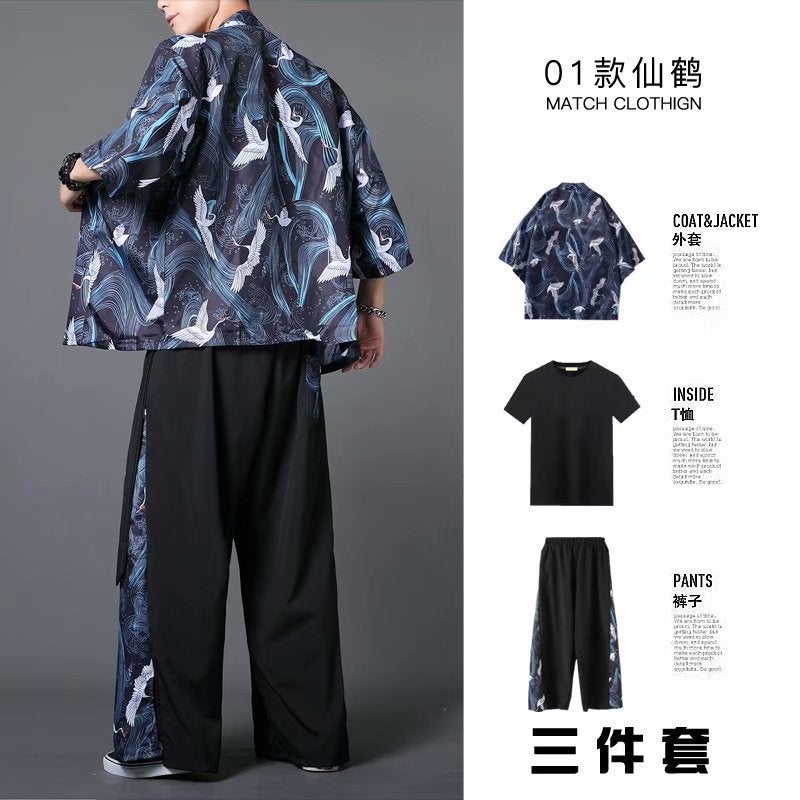 Hanfu Three-Piece Set Summer Chinese Style Robe for Men and Women Couples Fairy Style Loose Straight-Leg Wide-Leg Pants Set Class Clothes 01 Crane Black 3 Pieces Set 