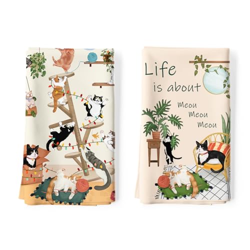 Arquiel Cute Cat Tea Towels, Cotton Kitchen Towel 18.9 × 27.5 inch, Quick Drying Dish Cloth for Party Anniversary Holiday Decoration, Housewarming Gifts for Mom - Image 1