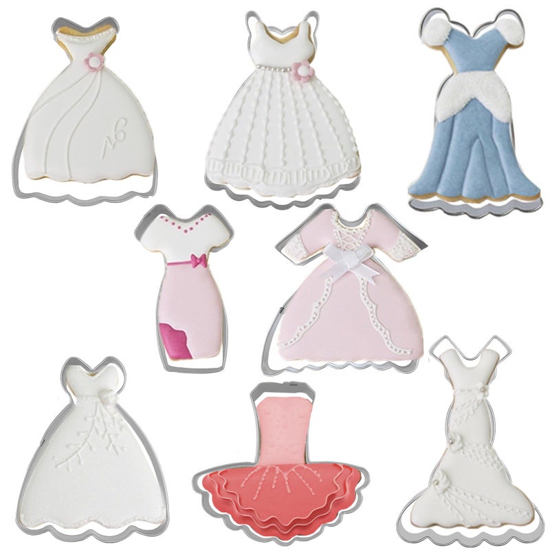 Comais Dress Shaped Cookie Cutters Set of 8 pcs Stainless Steel Wedding Princess Dress Fondant Cutter Molds Baking DIY