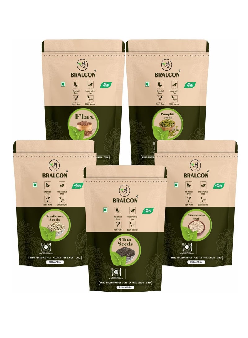BRALCON Seeds Combo of Chia, Watermelon, Pumpkin, Sunflower, Flax Seeds - 500g (5 x 100g Each Pack) | Unroasted Mix Seeds for eating with Omega 3 and rich in Fiber, Protein for Weight Loss - Image 1