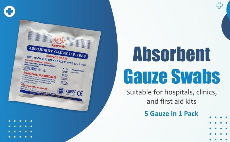 Agarwals Absorbent Gauze Swabs Sterile 10 cm X 10 cm X 12 ply (5Pcs/Pack)(Pack of 20 i.e.100 Dressings) - Image 3