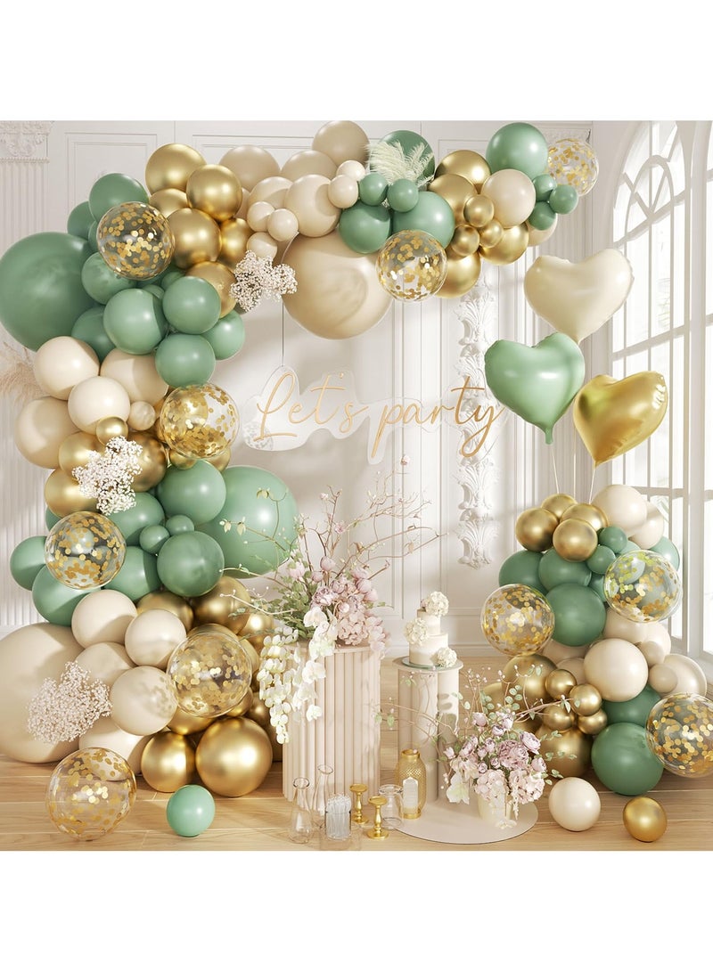 160Pcs Sage Green Gold Balloon Garland Arch Kit, Olive Green White Sand Gold Confetti Balloon with Heart Foil Balloons for Baby Shower Birthday Wedding Engagement Party Decorations - Image 1