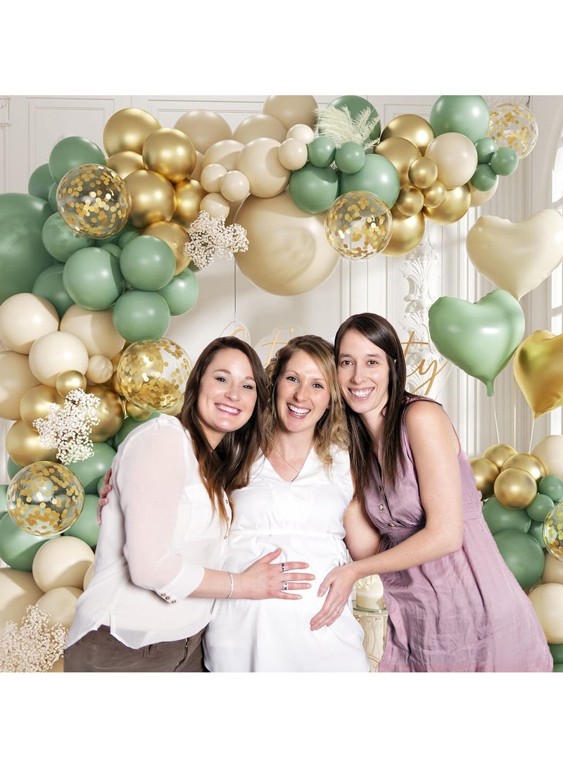 160Pcs Sage Green Gold Balloon Garland Arch Kit, Olive Green White Sand Gold Confetti Balloon with Heart Foil Balloons for Baby Shower Birthday Wedding Engagement Party Decorations - Image 3