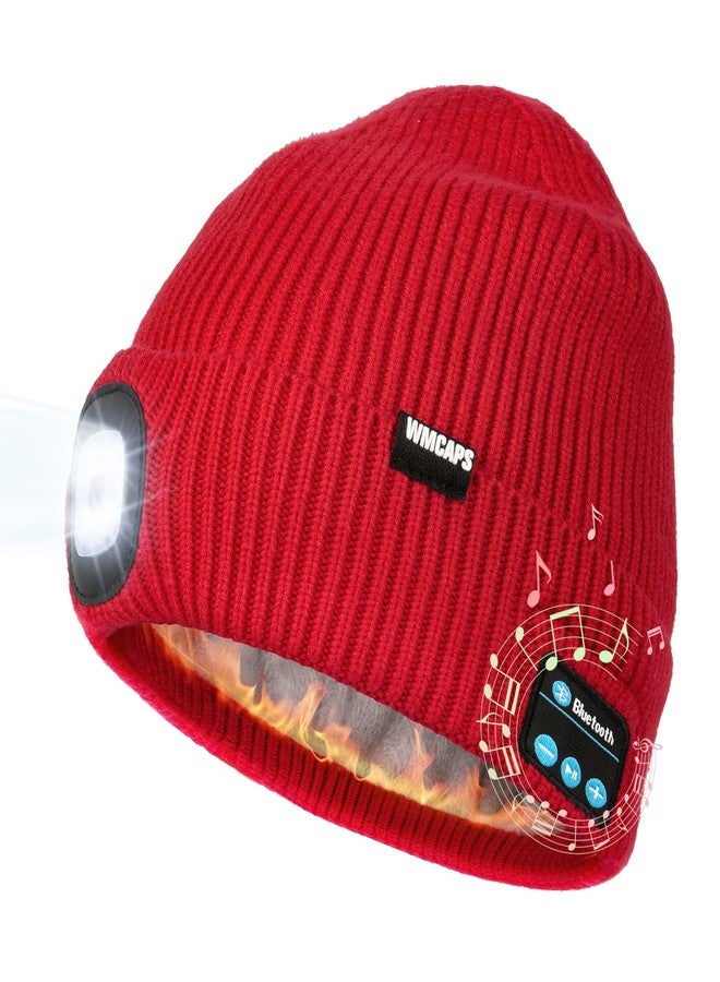 Wmcaps قبعة شتوية دافئة مبطنة بالفرو مزودة بإضاءة LED وسماعات رأس لاسلكية وميكروفون وسماعة بلوتوث من Wmcaps، هدية مثالية للرجال والآباء، لون أحمر - Image 1