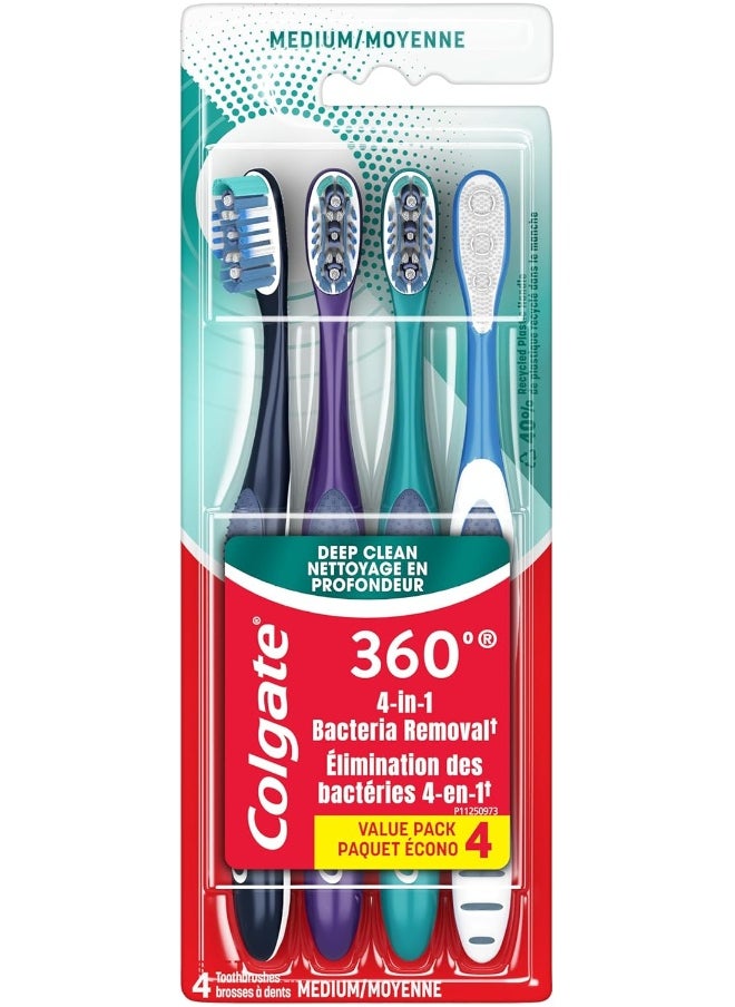Colgate Colgate 360 Whole Mouth Clean, Medium Toothbrush for Adults, 4 Pack, Packaging May Vary  - Image 1