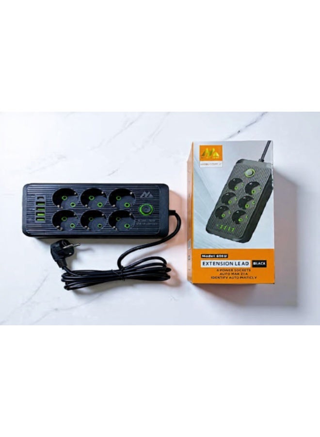 606U 6-Socket Power Strip with 4 USB + Type-C – Multi-Device Charging & Power Hub