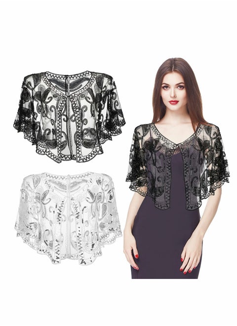 Women's 1920s Sequin Shawls, Sequin Beaded Evening Cape Bolero Flapper Cover Up Top for Evening Dresses Party 2Pcs