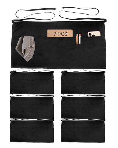 Xeoxarel 7 Pack Server Aprons with 4 Pockets Unisex Waitress Waiter Waist Apron for Women and Man Half Black 115 - Image 1