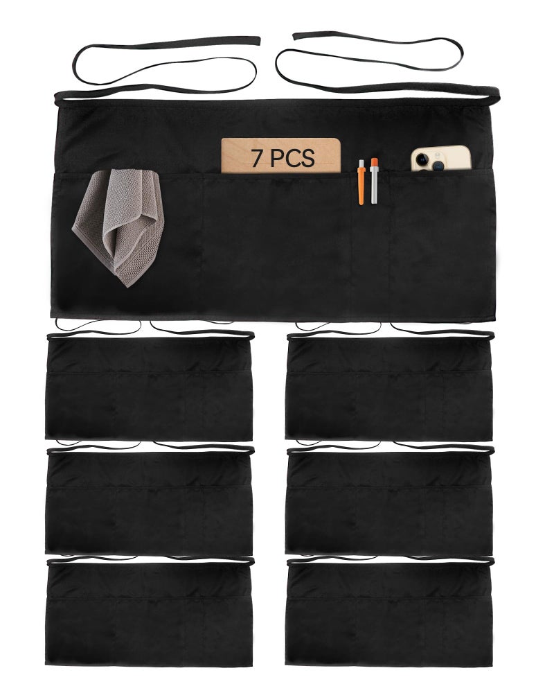 Xeoxarel 7 Pack Server Aprons with 4 Pockets Unisex Waitress Waiter Waist Apron for Women and Man Half Black 115 - Image 2