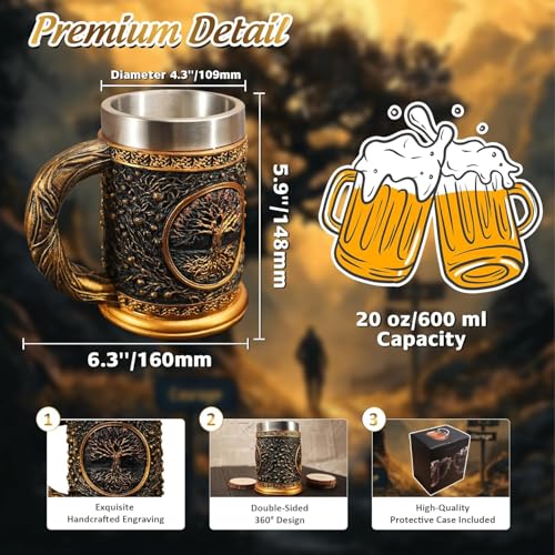 IELCJJ Original Handmade Viking Mug - 20oz Yggdrasil Tree of Life Beer Tankard - Stainless Steel Medieval Celtic Pirate Heavy Cup - Norse Mythology Decor Gifts for Men Women - Image 3
