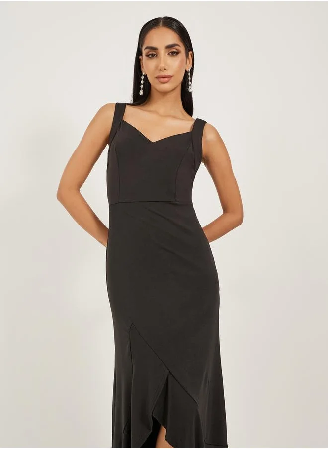 Styli Solid Ruffled Asymmetric Hem A-Line Midi Dress by Styli