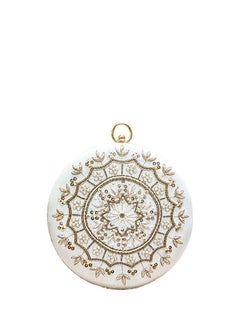 ArtFlyck Zari Embroidered round velvet pearl clutch with a detachable golden chain,Off White