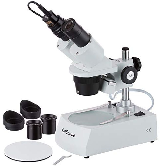 AmScope Se306R-Pz-E Digital Forward-Mounted Binocular Stereo Microscope, Wf10X And Wf20X Eyepieces, 20X/40X/80X Magnification, 2X And 4X Objectives, Upper And Lower Halogen Lighting, Reversible Black/White Stage Plate, Pillar Stand, 120V, Includes 0.3Mp Camera And Software - Image 1