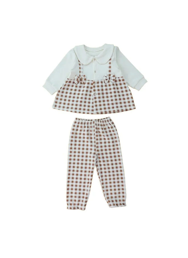 LITTLE SURPRISE BOX 2pcs Brown Checks Long Frock style Top with matching full Pants-12-18M