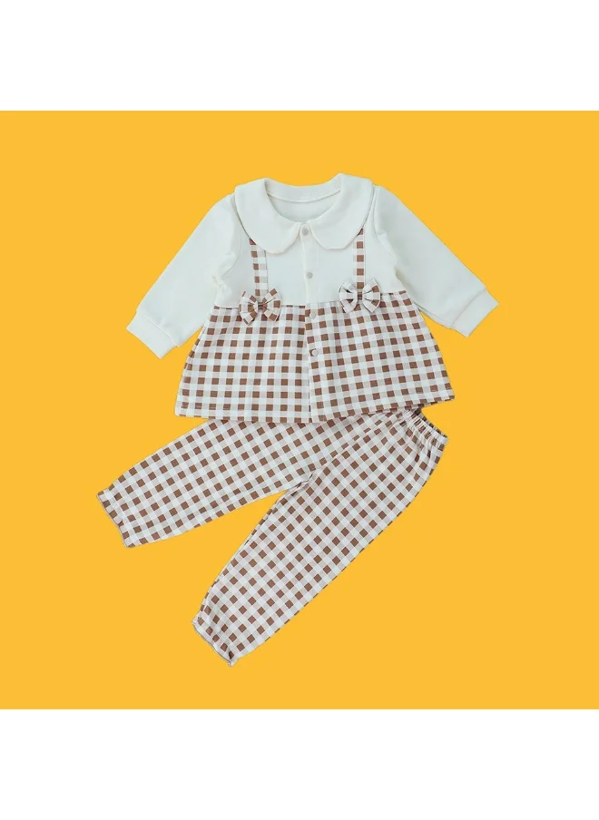 LITTLE SURPRISE BOX 2pcs Brown Checks Long Frock style Top with matching full Pants-12-18M