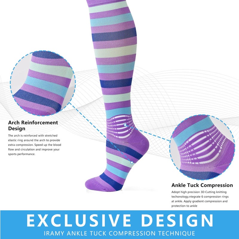 IRAMY Cotton Compression Socks Women Ankle Support Gradient Compression Wicking Moisture Knee High Socks 3 Packs - Image 3