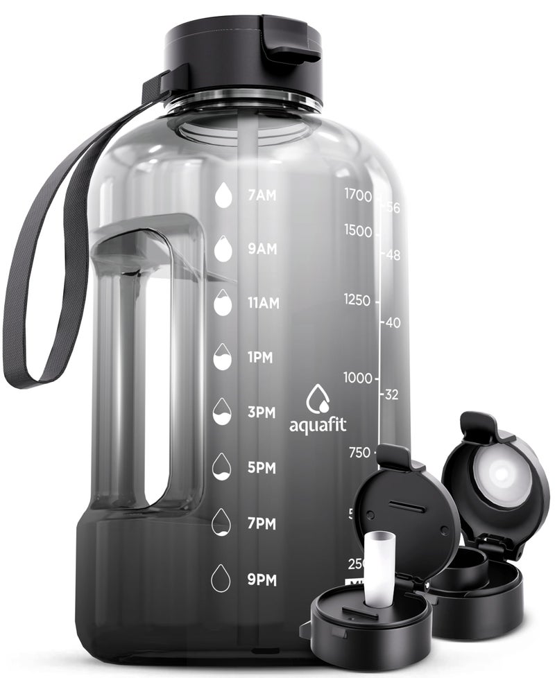 AQUAFIT Motivational Sports Water Bottle With Times To Drink Straw Time Marker for Gym  64 oz Half Gallon Jug   Large