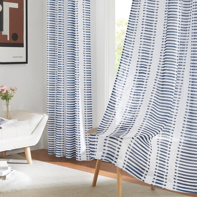 PONY DANCE Navy Blue Sheer Curtains  Semi Sheers Voile Window Curtains Natural Decor Faux Linen Textured with Slub Striped Pattern for Patio Living Room 50 Wide x 84 Long 2 PCs