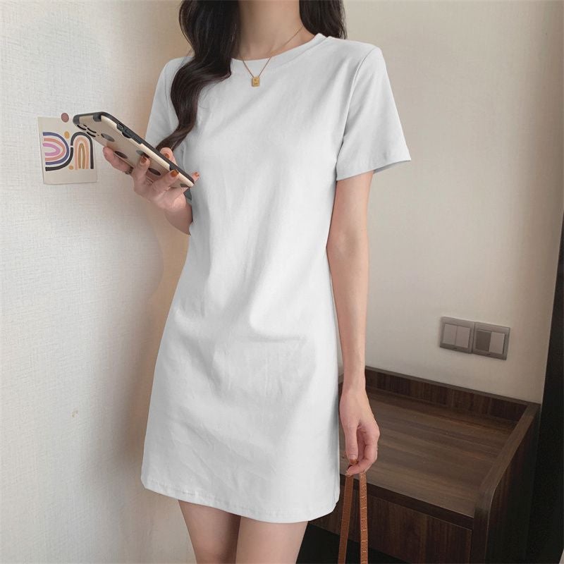 Elegant Cotton Short-Sleeve Dress for Women, New Summer Style, Petite, Age-Reducing, Versatile Base Shirt, Straight Skirt White premium version