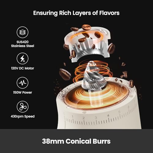 Gemilai Electric Conical Burr Coffee Grinder, Coffee Bean Grinder with Smart 60S Timer, 60 Precise Adjustable Grind Settings for Espresso, 2-12 Cup, Easy to Clean, Durable & Quiet, G9010B White - Image 4