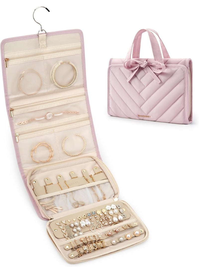 BAGSMART BAGSMART Travel Jewelry Case Hanging Roll Jewelry Bag with Zipper Pockets for Travel Large Capacity Jewelry Travel Case for Rings Necklaces Earrings Bracelets Portable Travel Essentials Pink  - Image 1