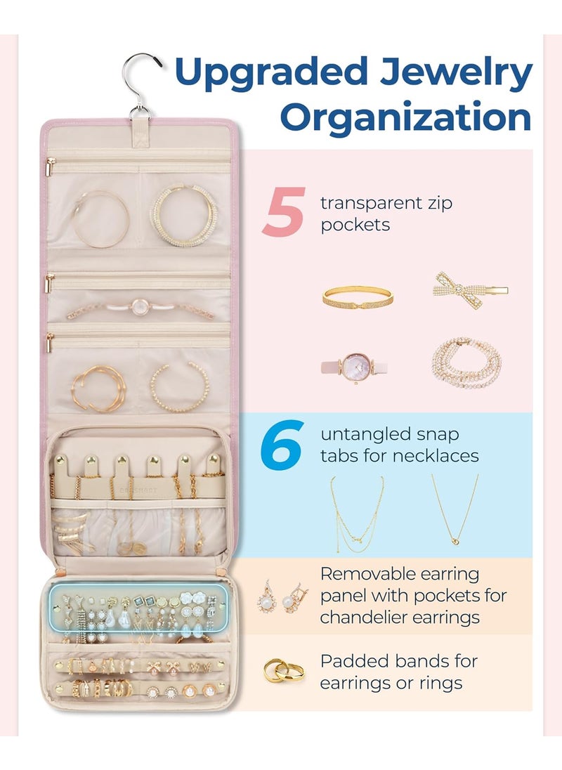 BAGSMART BAGSMART Travel Jewelry Case Hanging Roll Jewelry Bag with Zipper Pockets for Travel Large Capacity Jewelry Travel Case for Rings Necklaces Earrings Bracelets Portable Travel Essentials Pink  - Image 3