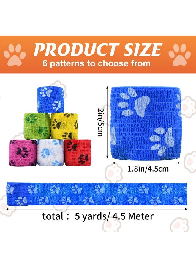 Kreyfer 6 Roll 2 Inch x 5 Yards Paw Print Pet Vet Wrap for Dogs Cats, Cohesive Bandages in Bulk, Colorful Non-Woven Self Adhesive Bandages Wrap Roll for Pet Animals Wound Care, Ankle Sprains and Swelling - Image 2