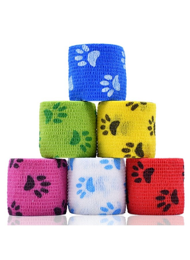 Kreyfer 6 Roll 2 Inch x 5 Yards Paw Print Pet Vet Wrap for Dogs Cats, Cohesive Bandages in Bulk, Colorful Non-Woven Self Adhesive Bandages Wrap Roll for Pet Animals Wound Care, Ankle Sprains and Swelling - Image 1
