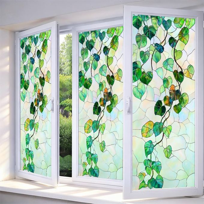 IVN Privacy Window Film Decorative Stained Glass Green Vine and Leaf Pattern, Static Cling Window Film for Living Room Bedroom Door Panel 17.7 x 39.3 Inch - Image 1