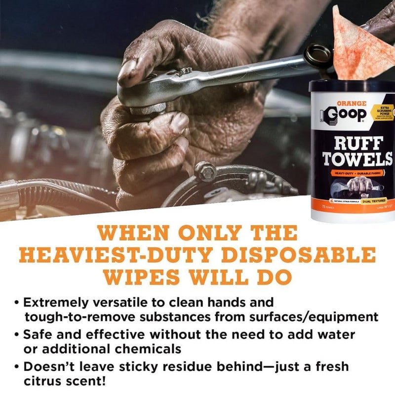 GOOP Orange Heavy Duty Ruff Towels with Scrubbing Power, 10â€ x 12â€ Dual Textured Multi-Purpose Cleaning Wipes, Removes Dirt, Grease, Oil, 72 Count - Image 4