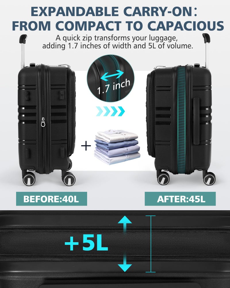 RAINSMORE Expandable Carry on Luggage 20 Inch, Airline Approved Carry on Suitcase with Front Pocket&Laptop Compartment, Hardshell Rolling Travel Luggage with Spinner Wheels,Black - Image 3