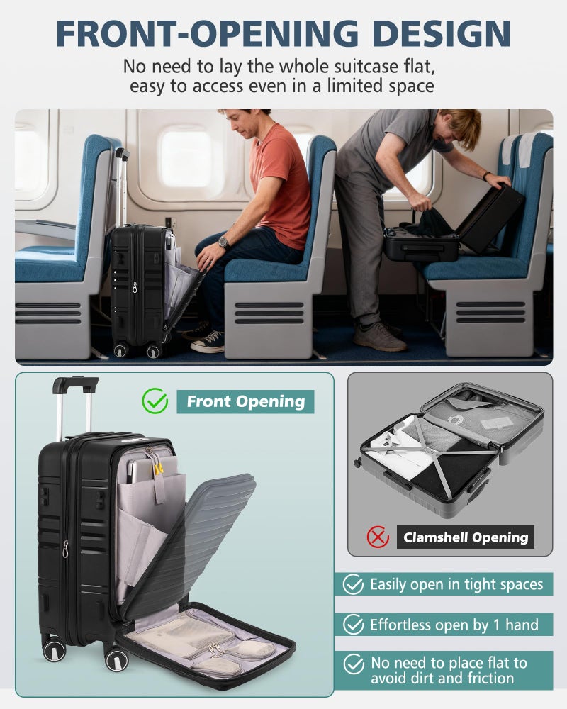 RAINSMORE Expandable Carry on Luggage 20 Inch, Airline Approved Carry on Suitcase with Front Pocket&Laptop Compartment, Hardshell Rolling Travel Luggage with Spinner Wheels,Black - Image 2
