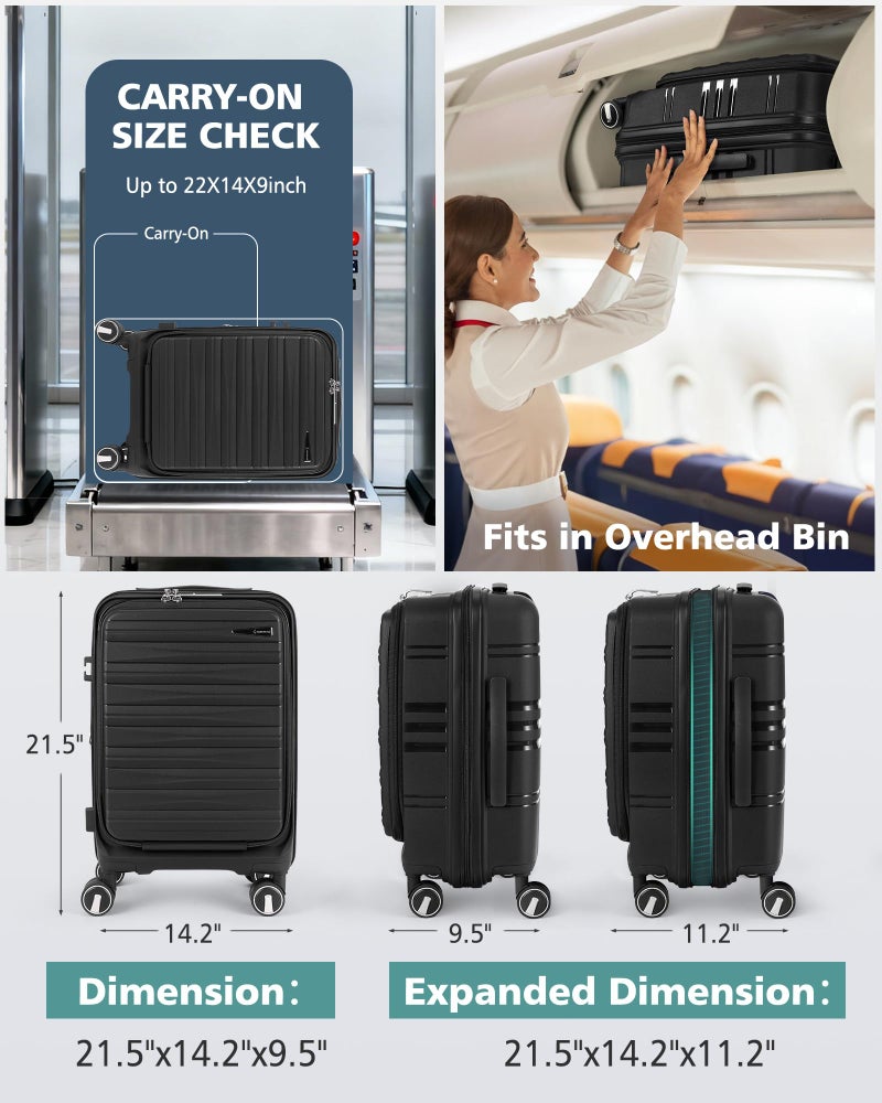 RAINSMORE Expandable Carry on Luggage 20 Inch, Airline Approved Carry on Suitcase with Front Pocket&Laptop Compartment, Hardshell Rolling Travel Luggage with Spinner Wheels,Black - Image 5