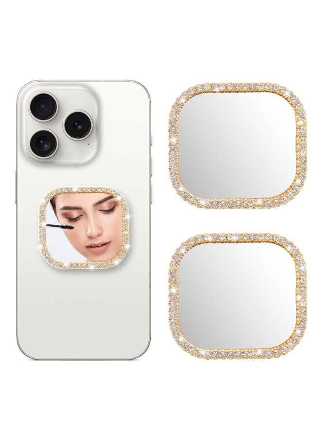 2pcs Stick On Phone Back Mirror, Square Mirror with Gold Zinc Alloy Frame Self Adhesive for Mobile Phone Case - Image 1