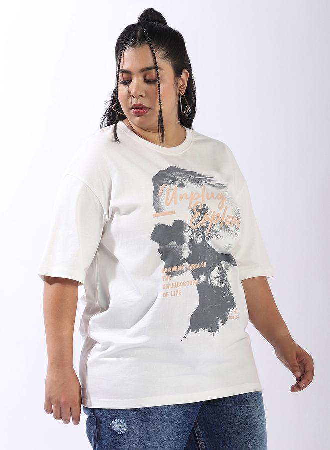 HIGH STAR Women's Off White 100% Cotton Printed Plus Size Oversized T-Shirt  - Image 3