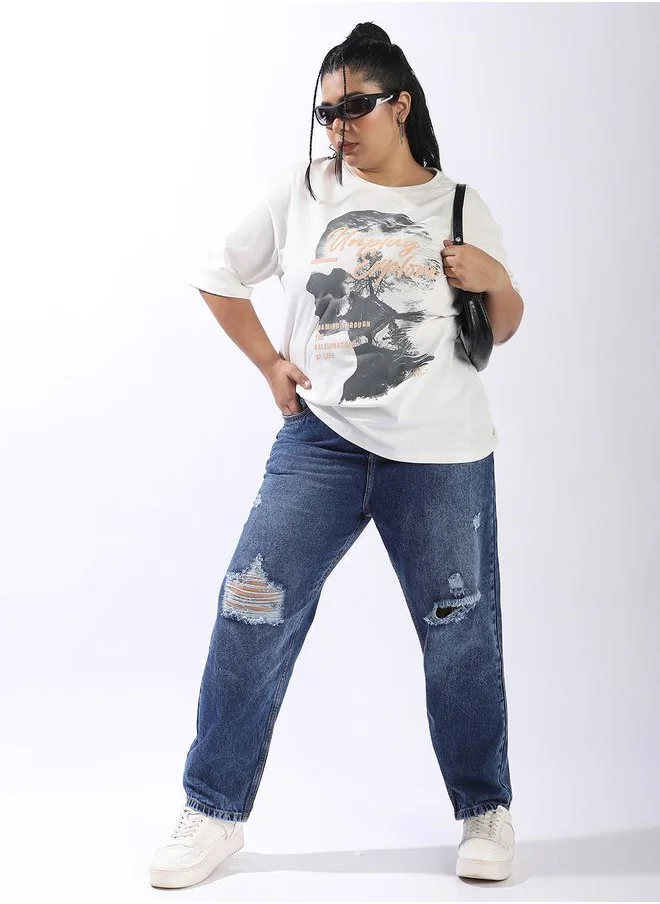 HIGH STAR Off-white T-shirts Printed Slip-on Knitted Round Neck Half Sleeves Plus Size T-Shirt for Women – Make every day iconic