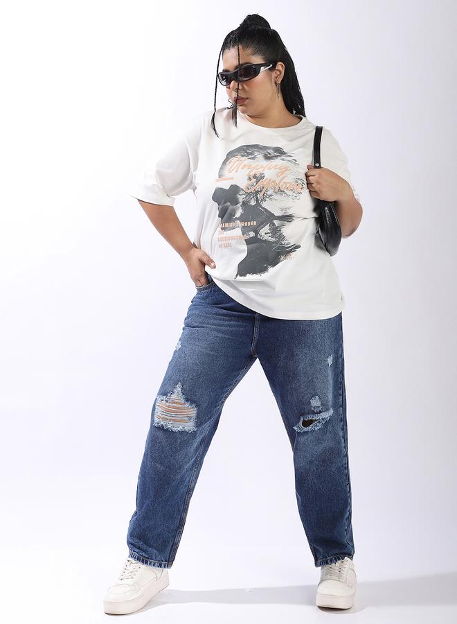 HIGH STAR Women's Off White 100% Cotton Printed Plus Size Oversized T-Shirt  - Image 1