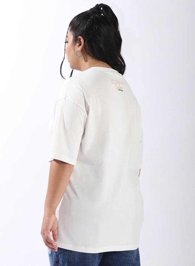 HIGH STAR Women's Off White 100% Cotton Printed Plus Size Oversized T-Shirt  - Image 5